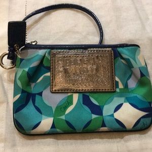 Blue and green Coach Poppy wristlet